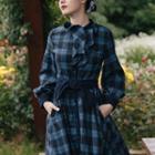 Long-sleeve Ruffled Belted Plaid Midi A-line Dress