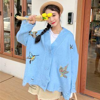 Bird Embroidered Ripped Cardigan