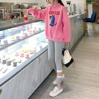 Dog Print Mock Neck Pullover / Striped Fleece-lined Leggings