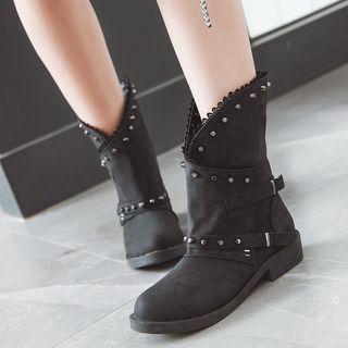 Faux Leather Buckled Rivet Short Boots