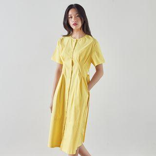 Round-neck Pintuck-trim Shirtdress With Sash