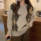 Argyle Sweater Dark Brown & Camel & Gray - One Size