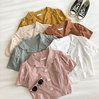 Plain Single-breasted V-neck Puff-sleeve Blouse