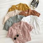 Plain Single-breasted V-neck Puff-sleeve Blouse