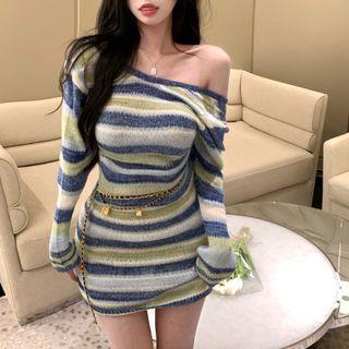 Long-sleeve Striped Mini Sheath Dress Stripe - Blue & Green - One Size