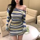 Long-sleeve Striped Mini Sheath Dress Stripe - Blue & Green - One Size