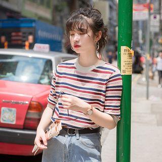 Elbow-sleeve Striped Knit Top Stripe - Red & Navy Blue & Tangerine - One Size
