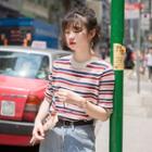Elbow-sleeve Striped Knit Top Stripe - Red & Navy Blue & Tangerine - One Size