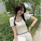Short-sleeve Contrast Trim Top Beige Almond - One Size