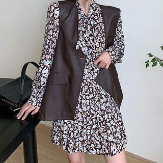 Long-sleeve Floral Print A-line Dress / Faux Leather Vest