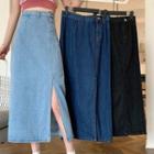 High-waist Asymmetrical Slit Maxi Denim Skirt