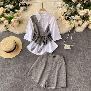 Set: Short-sleeve Mock Two-piece Blouse + Plaid Shorts