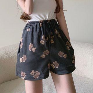 Plain Tank Top / Bear Print Wide-leg Shorts