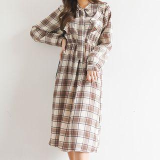 Tie-neck Ruffled Midi Plaid Dress Beige - One Size