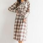 Tie-neck Ruffled Midi Plaid Dress Beige - One Size