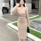 Off-shoulder Rib Knit Top / Midi Knit Skirt