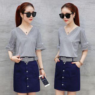 Set: Belted Pinstripe Top + Belted Miniskirt