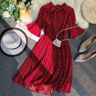 Dotted Tie-neck A-line Chiffon Dress