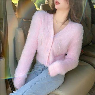 Cropped V-neck Fluffy Cardigan