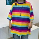 3/4-sleeve Rainbow Stripe T-shirt Multicolor - One Size