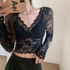 Long-sleeve Plain Lace Crop Top