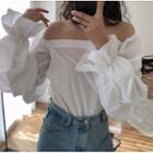 Off Shoulder Bell-sleeve Plain Blouse