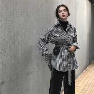 Houndstooth Buttoned Jacket With Belt As Shown In Figure - One Size