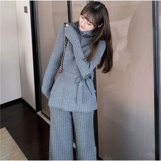Stand-collar Drawstring Sweater / Buttoned Knit Wide Pants
