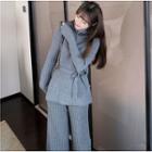 Stand-collar Drawstring Sweater / Buttoned Knit Wide Pants