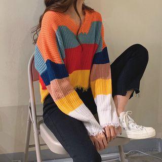 Distressed Striped Cropped Knit Top As Shown In Figure - One Size