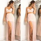 Set: Plain Cropped Camisole Top + Mesh Overlay Maxi Skirt