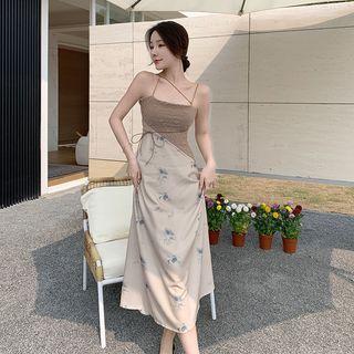 Mock Two-piece Asymmetrical Spaghetti Strap Floral Print Midi Dress