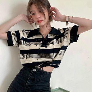 Short-sleeve Striped Lace-up Polo Shirt Black - One Size