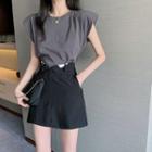 Padded-shoulder Sleeveless Top / High-waist Mini Skirt