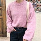 Plain Crew-neck Sweater Pink - One Size
