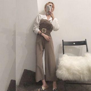 Long-sleeve Plain Blouse / Strapless Wide-leg Jumper Pants