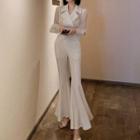 Set: Long-sleeve Double-breasted Shirt + Boot-cut Chiffon Pants