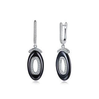 Sterling Silver Fashion Simple Geometric Oval Black Ceramic Earrings With Cubic Zircon Silver - One Size