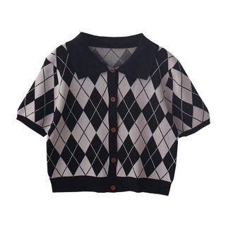 V-neck Color-block Plaid Knit Top