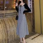Long-sleeve Checkerboard A-line Midi Dress