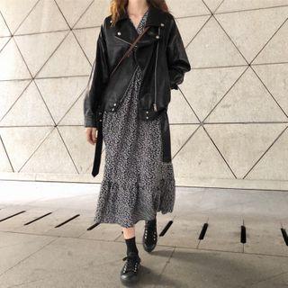 Long Sleeve Floral Print V-neck A-line Dress / Faux Leather Jacket