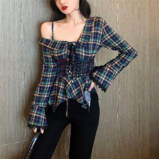 Lace-up Front Asymmetric Shoulder Plaid Top