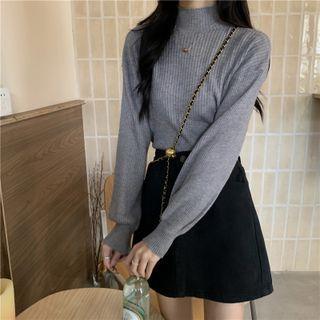 Puff Long-sleeve Semi Turtleneck Plain Ribbed Knit Top