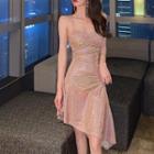 Spaghetti Strap Asymmetrical Glitter A-line Dress