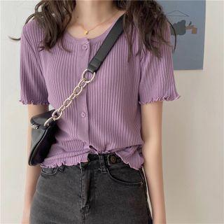 Short-sleeve Plain Ruffle Trim Ribbed Cardigan