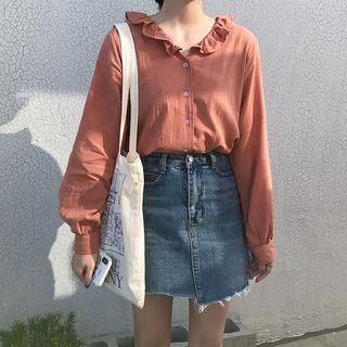 Ruffle Trim Long Sleeve Plain Shirt