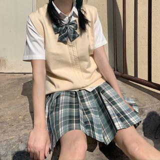 Set: Short-sleeve Shirt + Plaid Pleated Mini A-line Skirt + Bow Tie + Sweater Vest