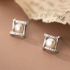 Square Rhinestone Faux Pearl Sterling Silver Earring