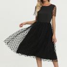 Short-sleeve Dotted Mesh Overlay Midi A-line Dress