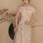 Cap-sleeve Floral Embroidered Faux Pearl Trim Midi Qipao Dress